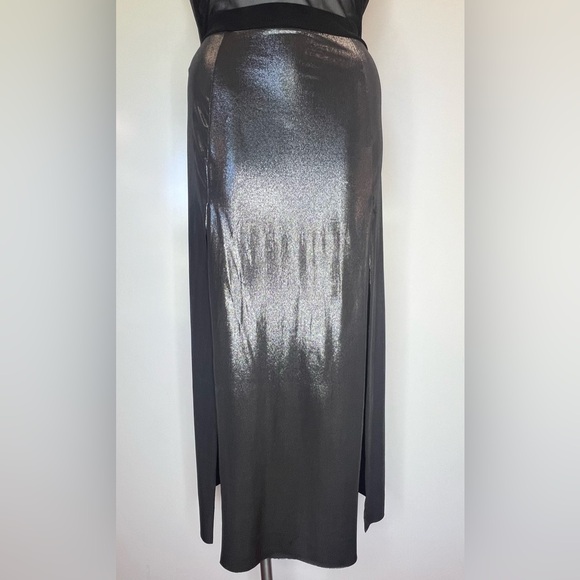 Valentina Vintage BlackSheer Silk with MetallicSilver Slits FullLength MaxiSkirt - Picture 3 of 16